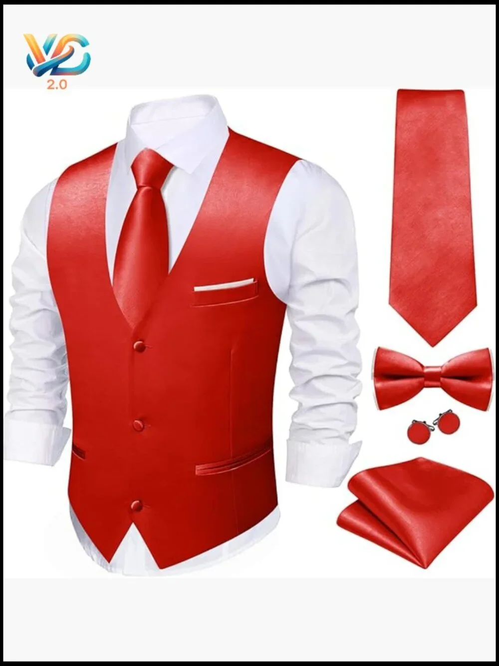 Men's Formal Satin Vest Set with Tie Bowtie Cufflinks 5PCS
